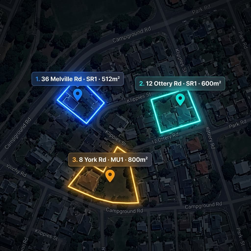 Zonely Compare map view showing three Cape Town properties side by side